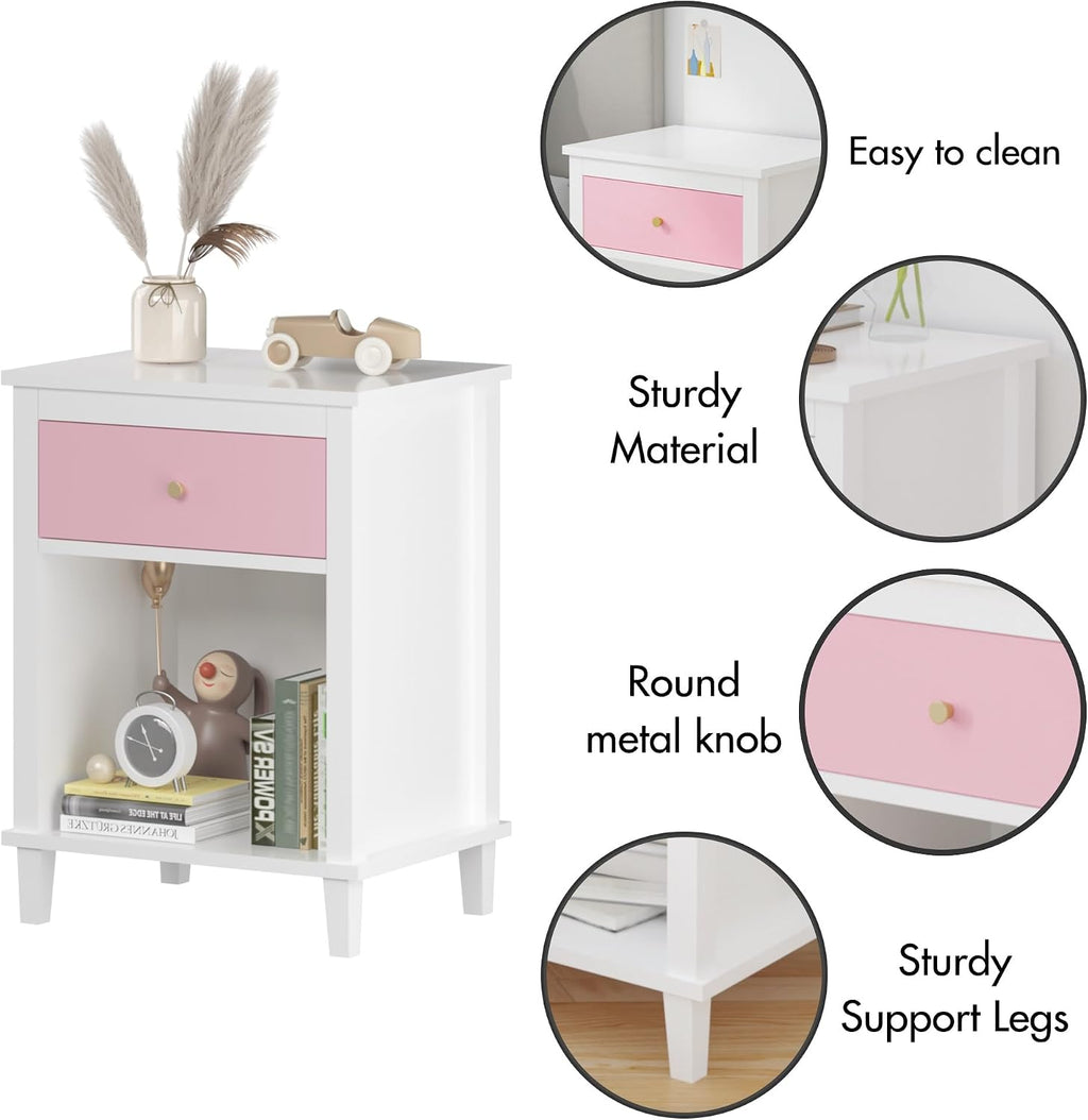 26.77''H Wooden Nightstand with One Drawer One Shelf, Pink ﻿,for Small Spaces