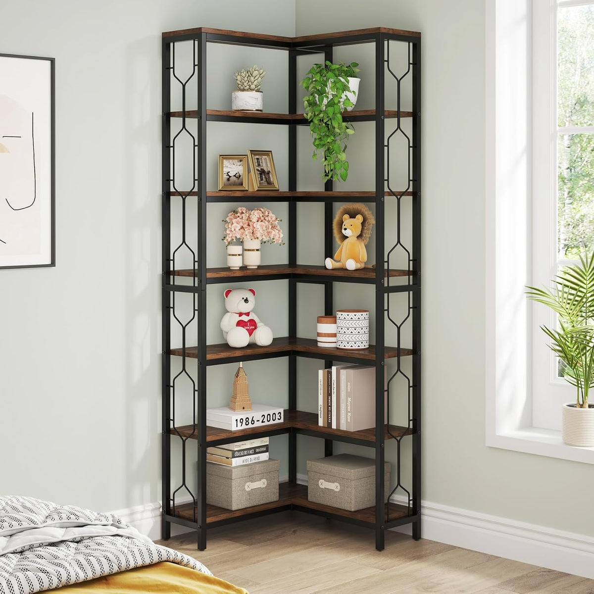 Tribesigns Corner Shelf, 7-Tier Industrial Corner Bookshelf and Bookcase | Freestanding Display Shelf for Living Room, Wood and Metal Corner Book Shelves, Corner Bookcase for Home Office, Rustic Brown