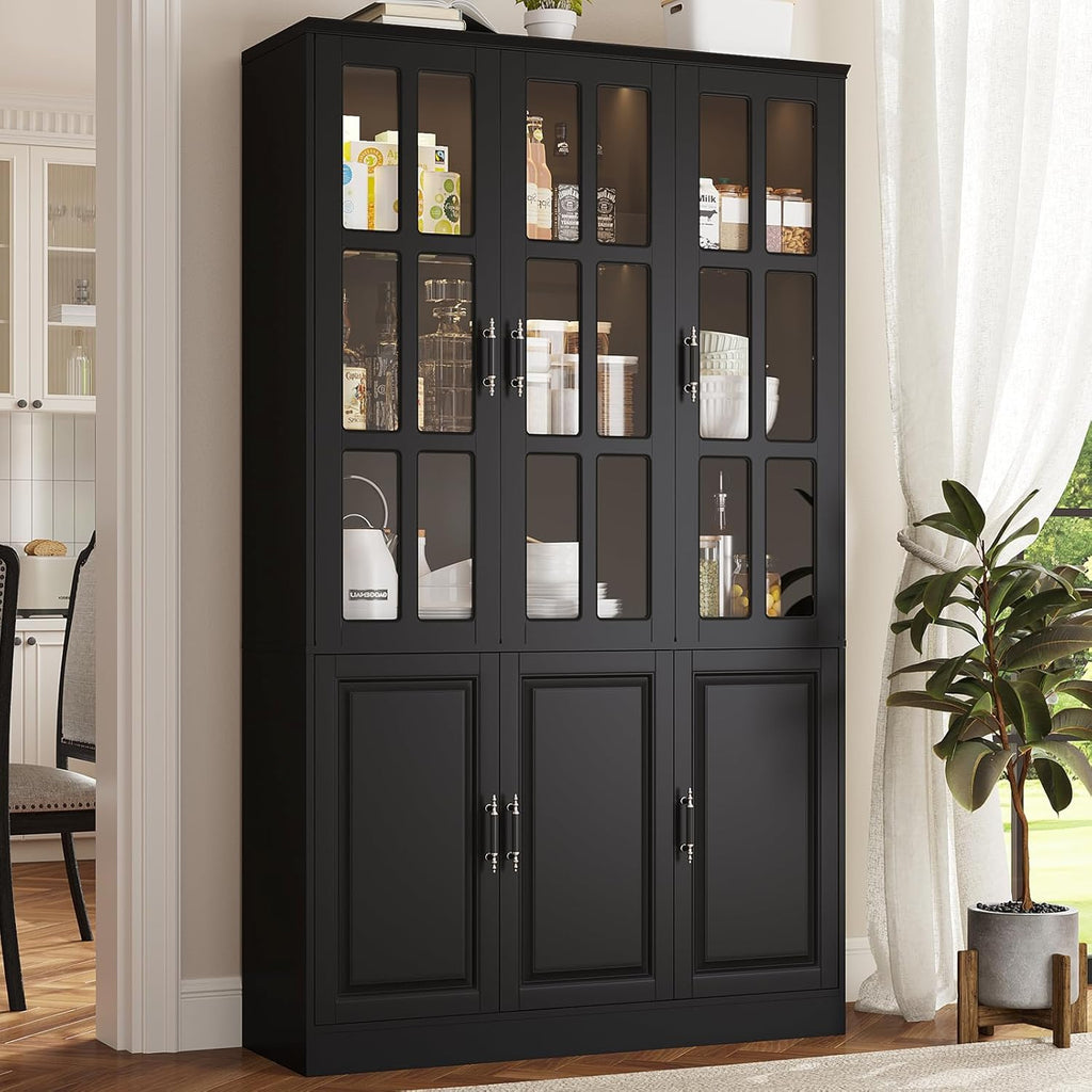 MEISSALIVVE 78.7" Kitchen Pantry Storage Cabinet with LED Lights, Tall Pantry Cabinet with Glass Doors, Kitchen Hutch Utility Pantry, Black (47.2" W x 15.7" D)
