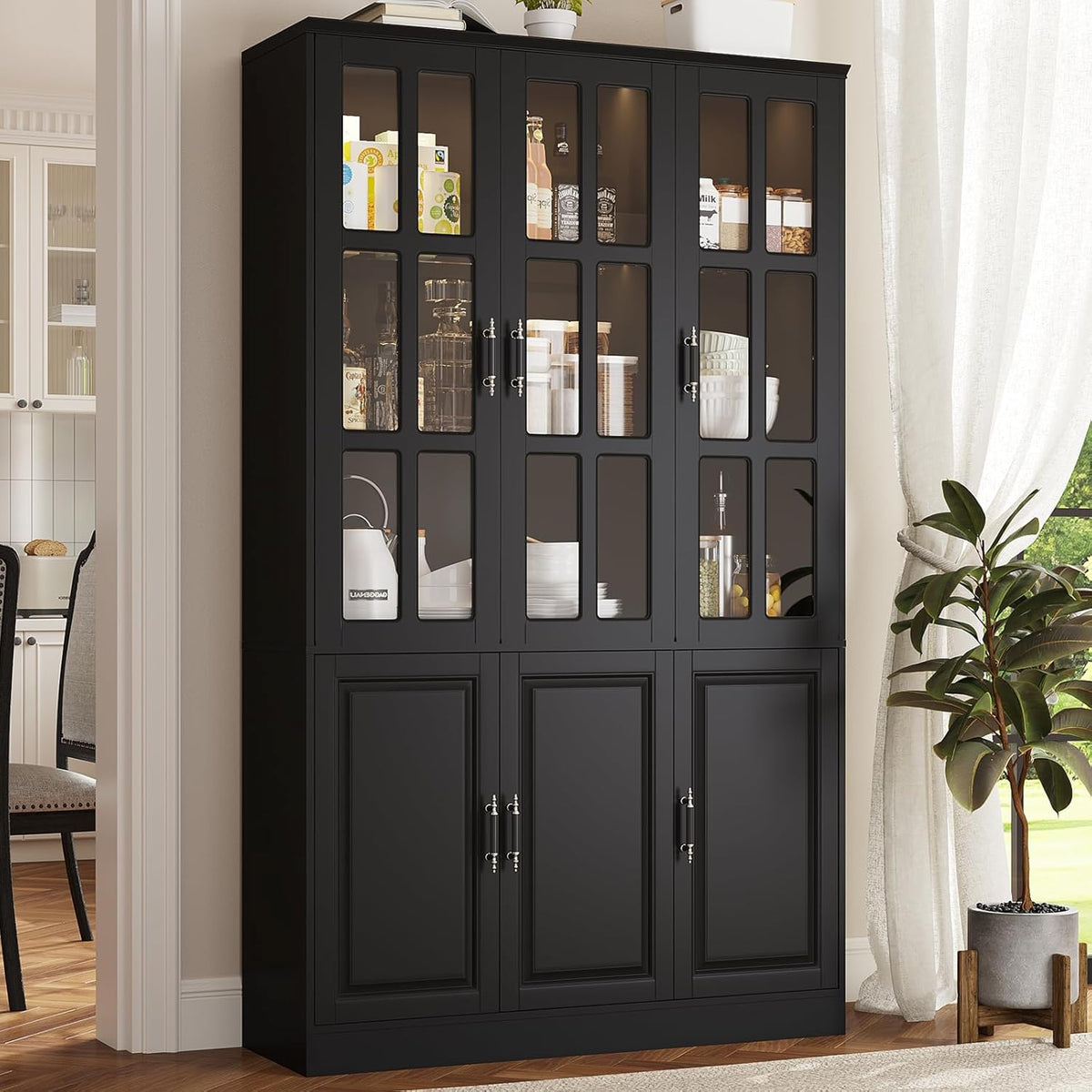 MEISSALIVVE 78.7" Kitchen Pantry Storage Cabinet with LED Lights, Tall Pantry Cabinet with Glass Doors, Kitchen Hutch Utility Pantry, Black (47.2" W x 15.7" D)