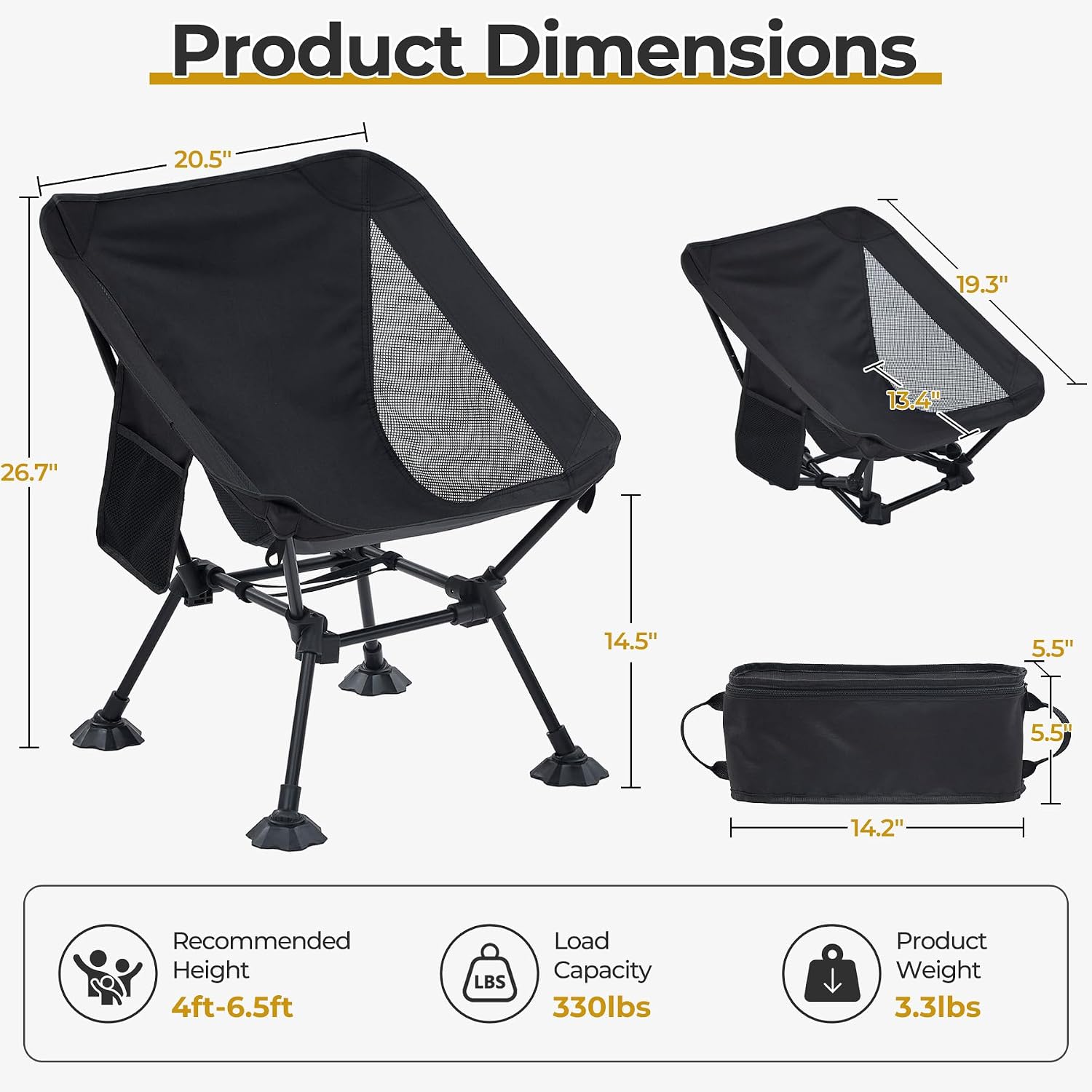 Camping Ultralight Chair,Folding Compact Chair with Anti-Sinking Large Feet and Storage Bag,Backpack Chair for Hiking,Travel,Beach
