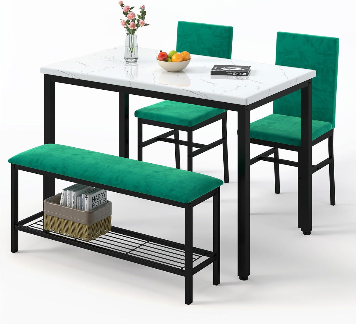 YOFE Dining Table Set for 4,Faux Marble Kitchen Table,Kitchen Table Chairs Set with Velvet Chairs,Bench with Storage Net for Dining Room,Small Apartment (Green 1+3)