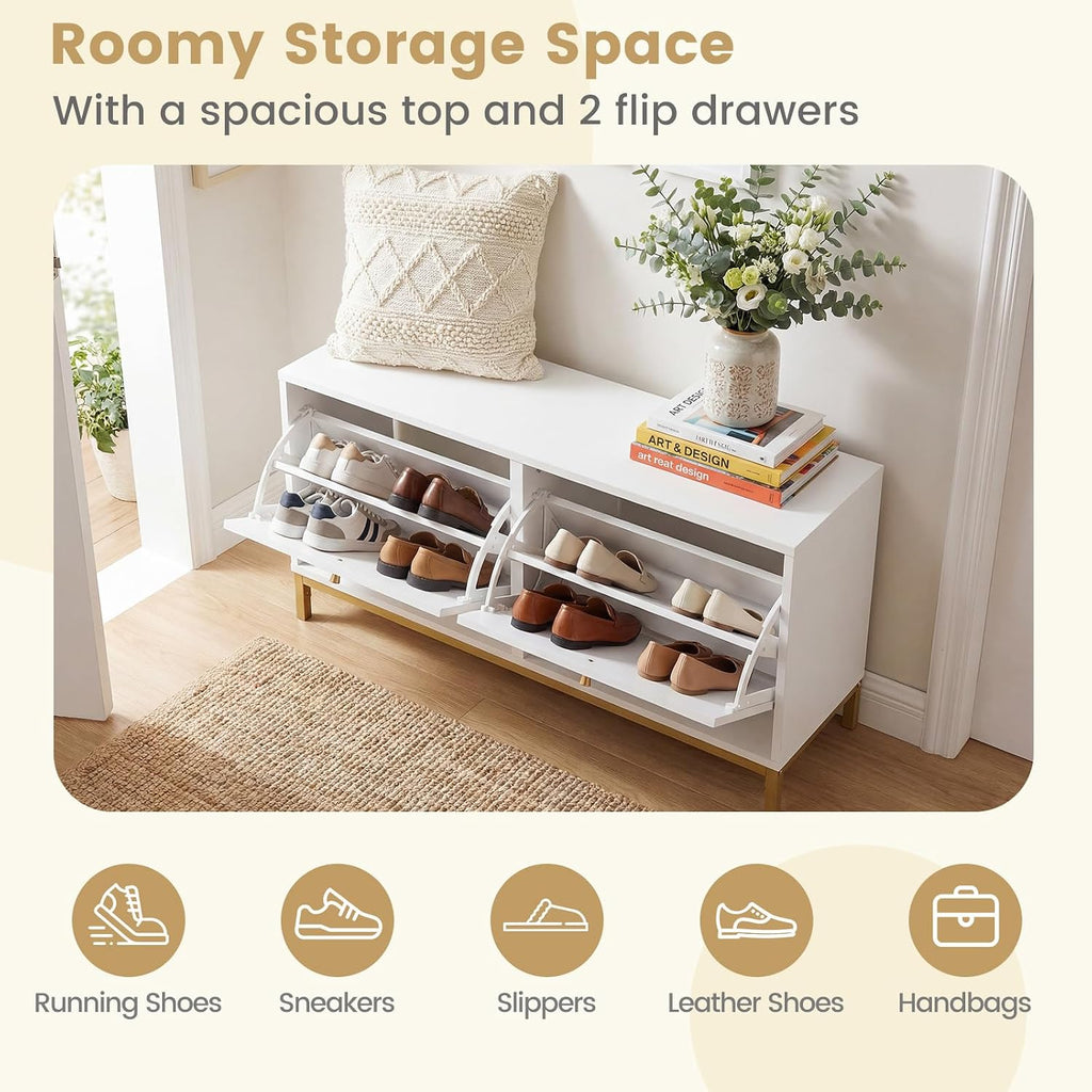 Giantex Shoe Storage Bench with 2 Flip Drawers, 39.5" W Entryway Bench with Storage, Adjustable Shelves, Modern Shoe Cabinet for Entry Way, Hallway, Foyer, Living Room, White & Gold