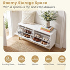 Giantex Shoe Storage Bench with 2 Flip Drawers, 39.5" W Entryway Bench with Storage, Adjustable Shelves, Modern Shoe Cabinet for Entry Way, Hallway, Foyer, Living Room, White & Gold
