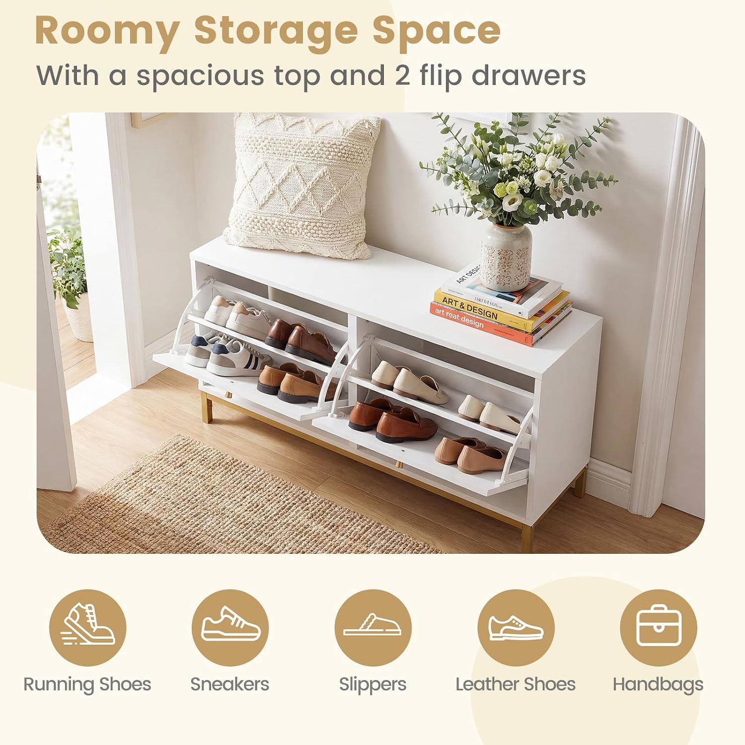 Giantex Shoe Storage Bench with 2 Flip Drawers, 39.5" W Entryway Bench with Storage, Adjustable Shelves, Modern Shoe Cabinet for Entry Way, Hallway, Foyer, Living Room, White & Gold