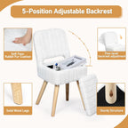 Vanity Stool with Storage & Folding Backrest,Faux Rabbit Fur Small Makeup Chair with 4 Solid Wood Legs,11.4" D x 14.9" W x 28.7" H,Soft Ottoman for Living Room,Bedroom,Closet,White