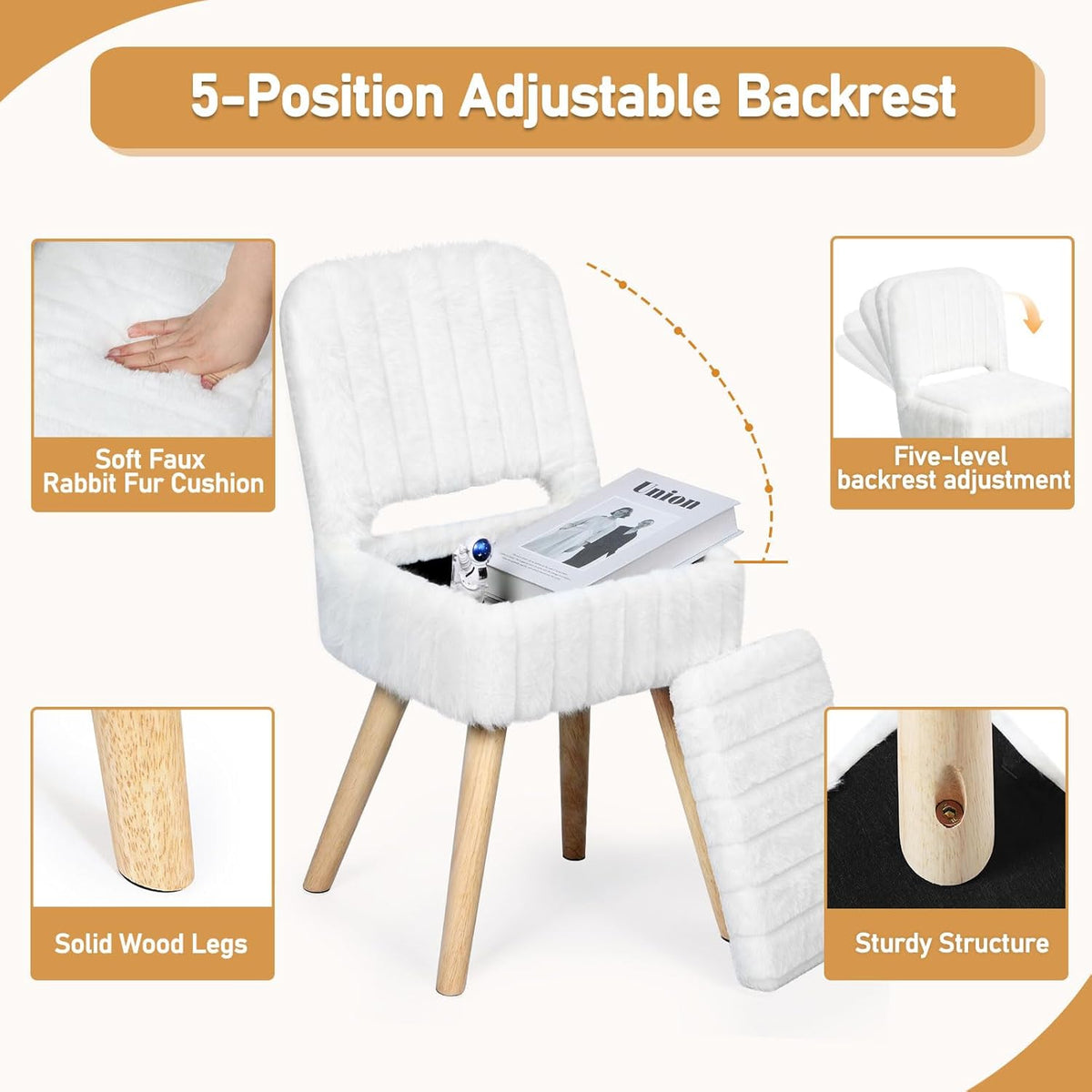 Vanity Stool with Storage & Folding Backrest,Faux Rabbit Fur Small Makeup Chair with 4 Solid Wood Legs,11.4" D x 14.9" W x 28.7" H,Soft Ottoman for Living Room,Bedroom,Closet,White