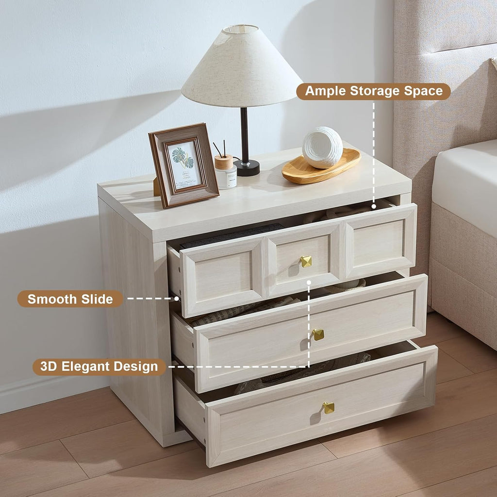 Nightstand Set of 2 W/Charging Station, 30.7" W King Size Bedside Table with 3 Drawers, Accent End Table W/Large Storage, Modern Wood Side Table for Bedroom,Office, Beige