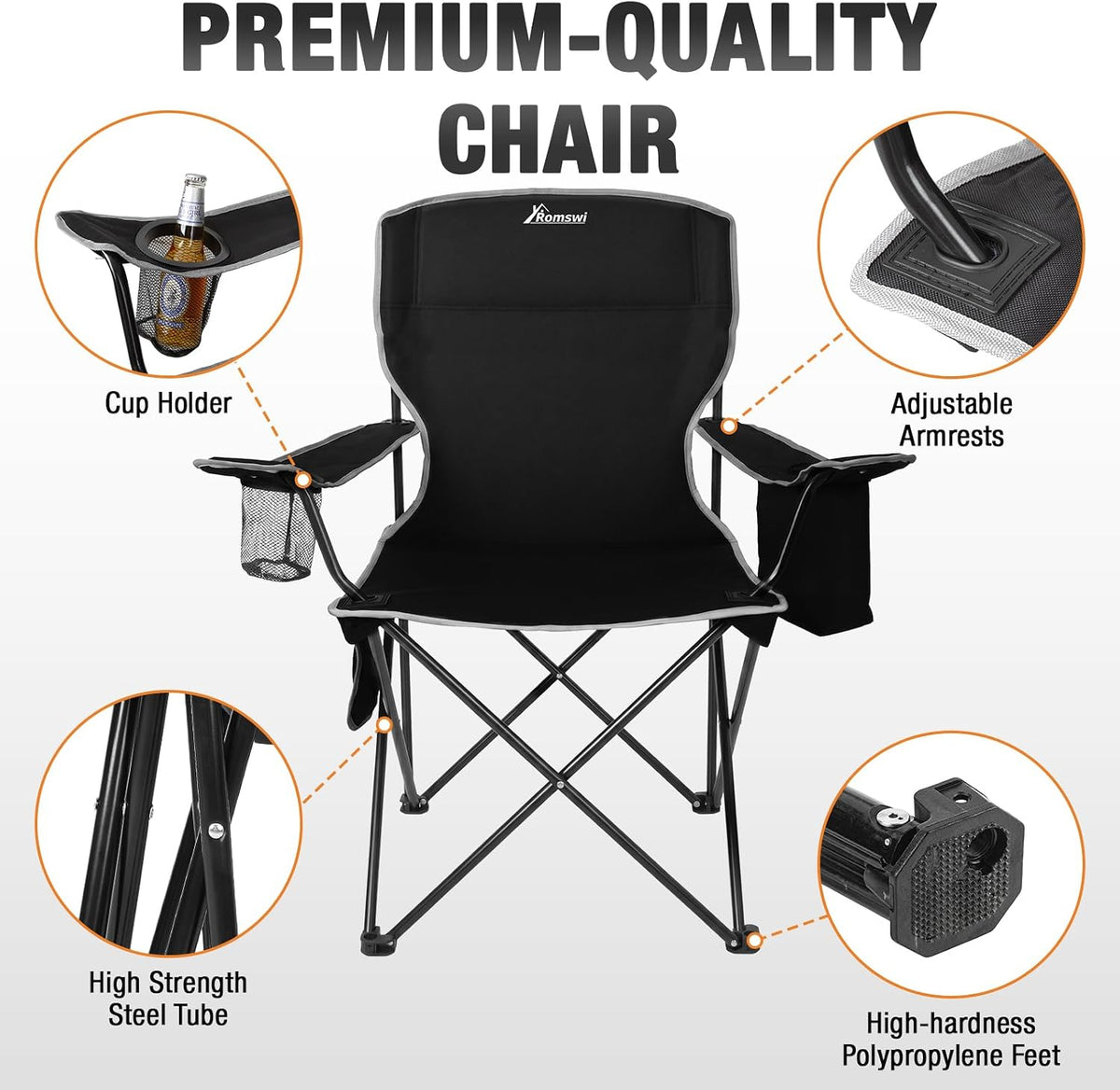 Romswi Lightweight 2Pcs Camping Chairs for Adults, Folding Lawn Chair with 4-Can Cooler Bag, Cup Holder,Collapsible Portable Outdoor Chair for Tailgating, Beach, Fishing,Black
