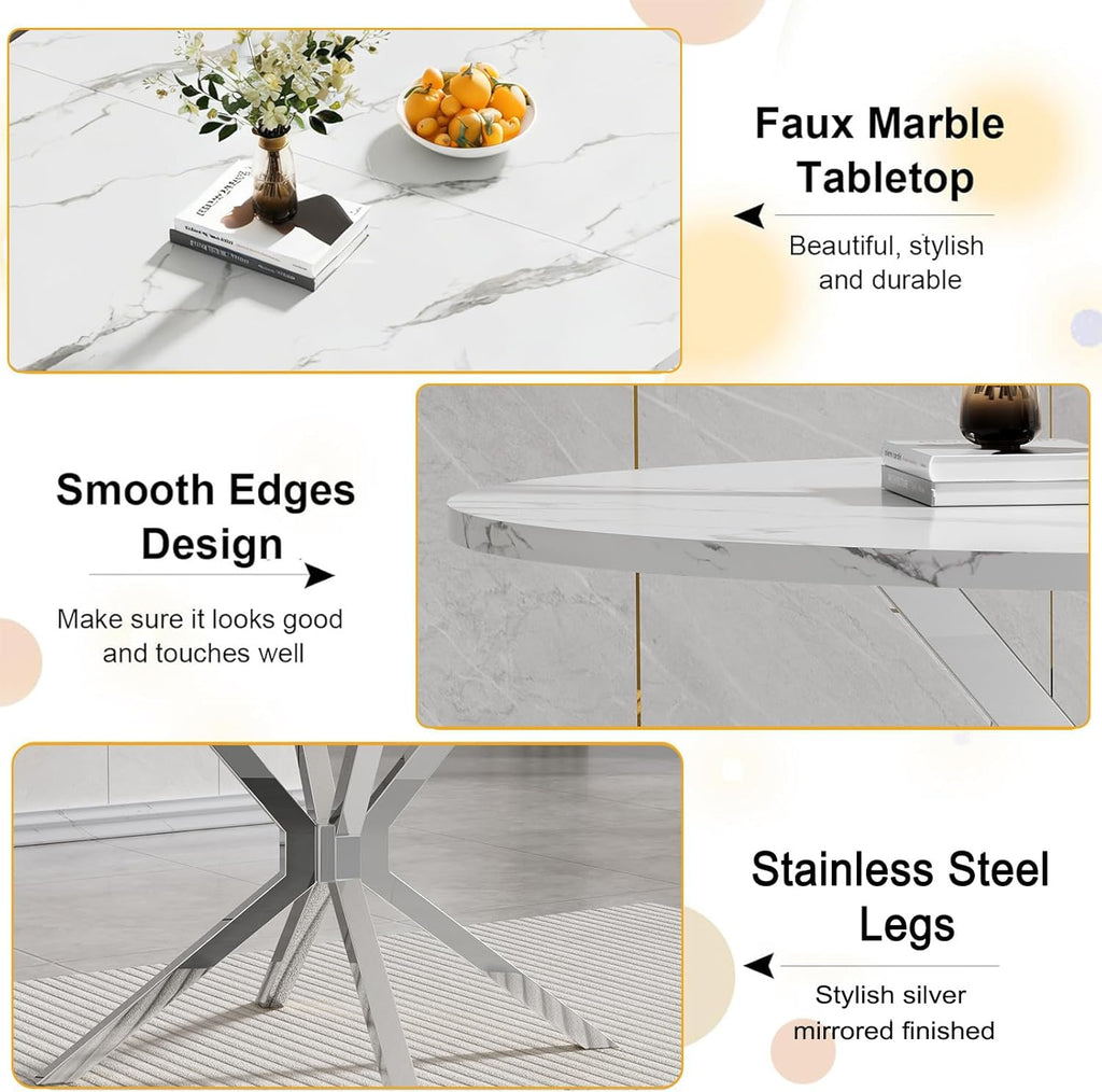 Modern Round Dining Table for 4 to 6, 47 inch Circle Dining Table with White Faux Marble Top & Silver Stainless Steel X Base, Round Dining Room Table for Kitchen Dining Room Small Space