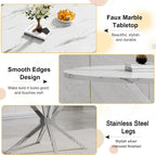 Modern Round Dining Table for 4 to 6, 47 inch Circle Dining Table with White Faux Marble Top & Silver Stainless Steel X Base, Round Dining Room Table for Kitchen Dining Room Small Space