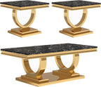 Marble Coffee Table Set of 3, Includes 1 Coffee Table with 2 Square End Side Tables, Luxury 3 Piece Living Room Table Set with Black Faux Marble Tabletop & Gold Stainless Steel Base