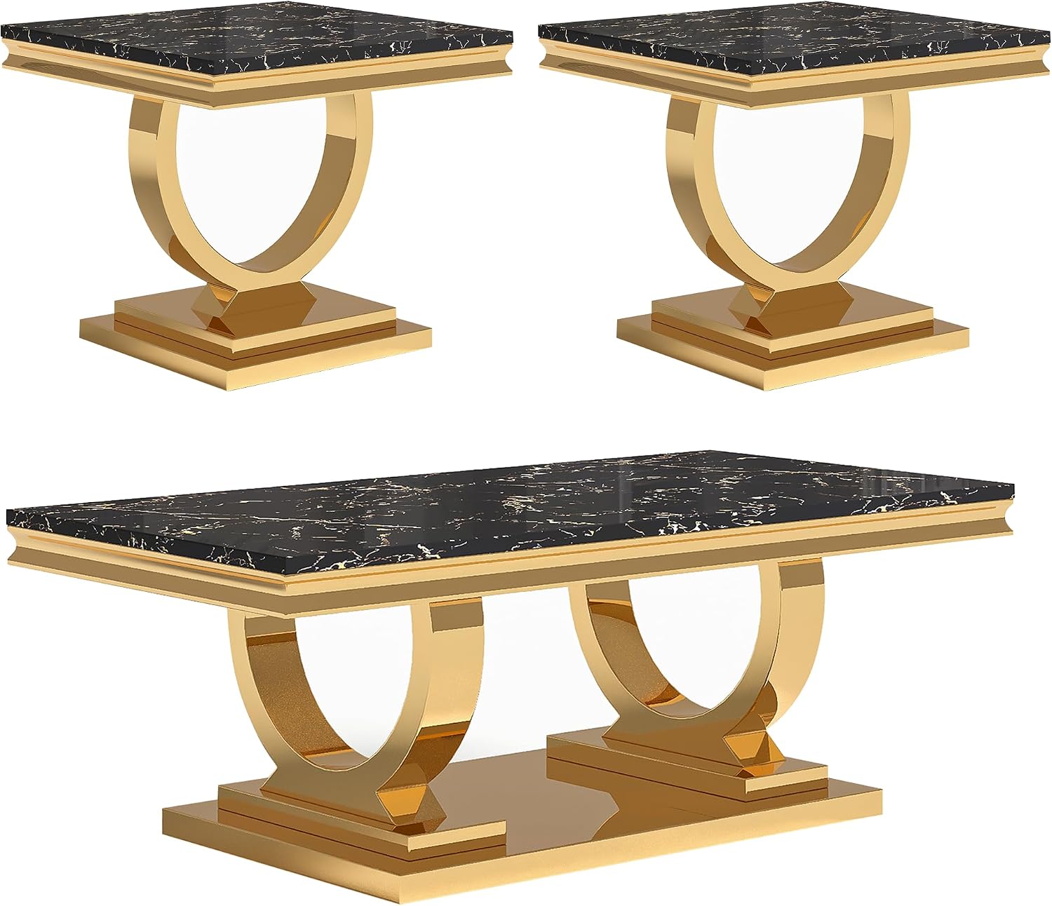 Marble Coffee Table Set of 3, Includes 1 Coffee Table with 2 Square End Side Tables, Luxury 3 Piece Living Room Table Set with Black Faux Marble Tabletop & Gold Stainless Steel Base