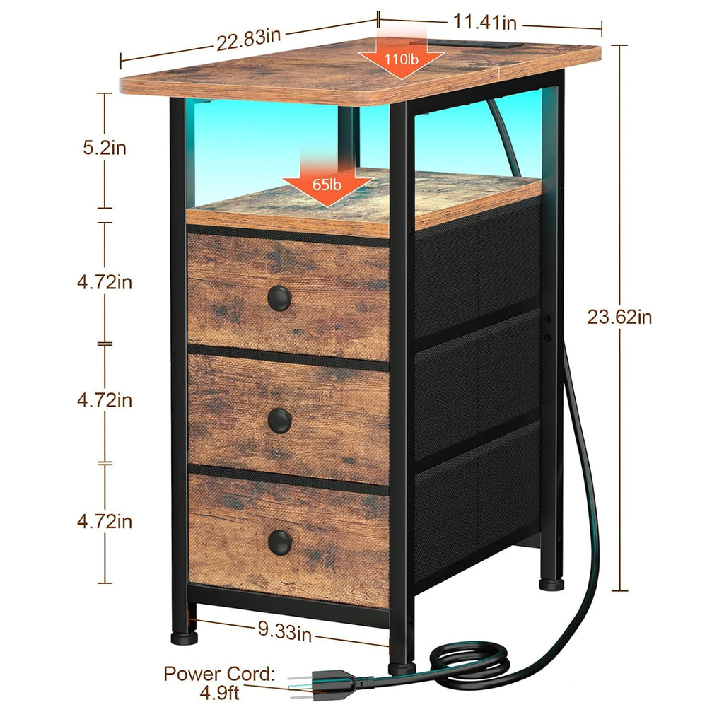 AMHANCIBLE Narrow End Table Living Room with Charging Station, Slim LED Nightstand with Fabric Drawers, Skinny Side Table for Bedroom, Small Spaces, Couch, Rustic Brown, HETN013LBR-1