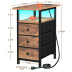 AMHANCIBLE Narrow End Table Living Room with Charging Station, Slim LED Nightstand with Fabric Drawers, Skinny Side Table for Bedroom, Small Spaces, Couch, Rustic Brown, HETN013LBR-1
