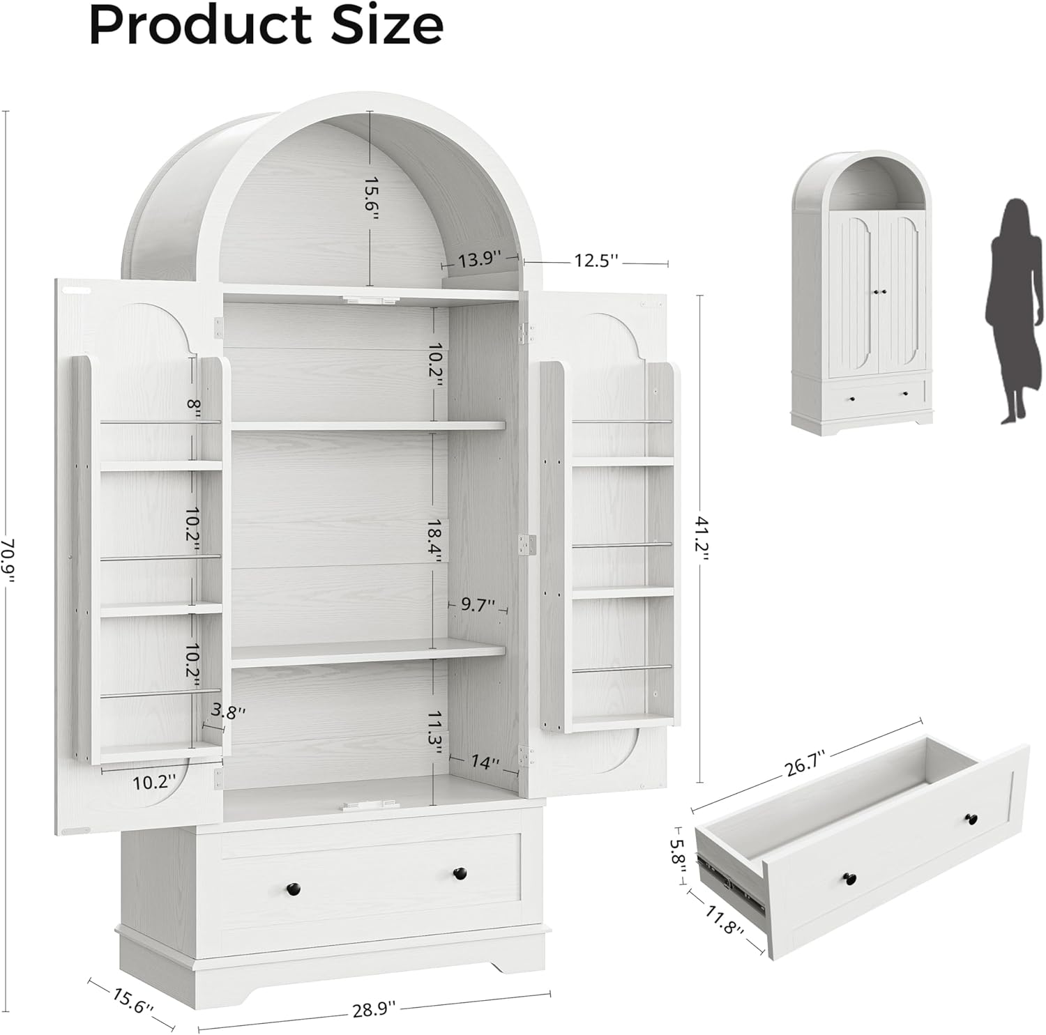 IRONCK 70.9 in Kitchen Pantry with Large Drawer Adjustable Shelves | kitchen pantry; 2 doors; large drawer; adjustable shelves; arched open shelving