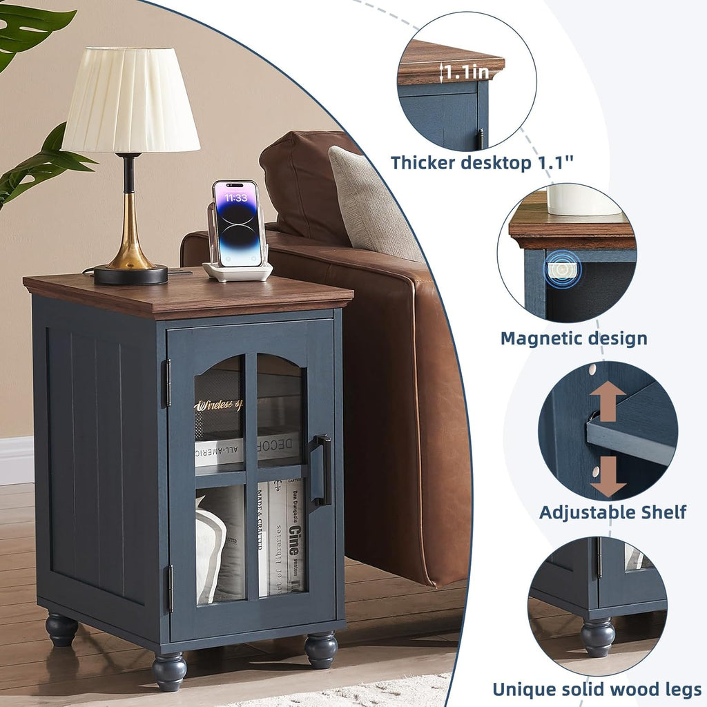 RWYHG Farmhouse End Table Set of 2 with Charging Station, 18'' Narrow Side Table and 24" Large Sofa Side Table with Glass Barn Door Storage, Wood Night Stand Bedside Table for Living Room,Bedroom