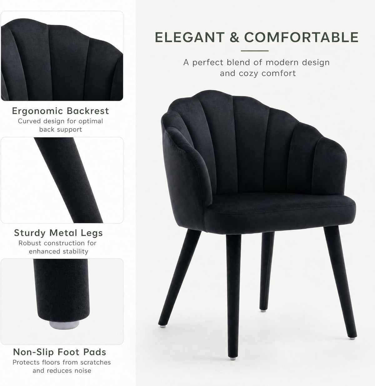 Hyfirm Velvet Dining Chairs Set of 4, Upholstered Modern Kitchen Dining Chairs with Petal Back & Fabric Covered Wooden Legs, Comfy Accent Armchairs for Bedroom/Kitchen/Vanity, Black