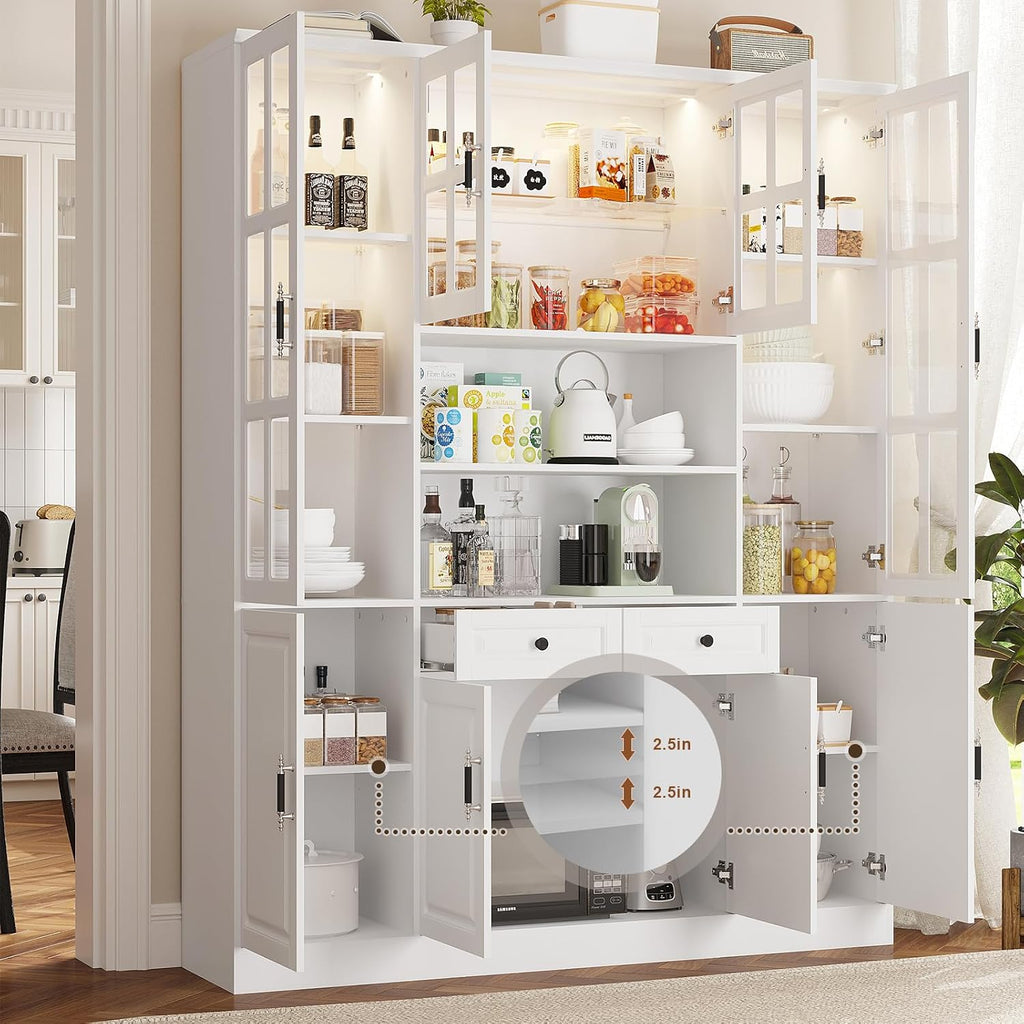 MEISSALIVVE Kitchen Pantry Storage Cabinet with LED Lights, 78.7" Tall with Glass Doors & Drawers, Freestanding Utility Cabinet, White (63" W x 15.7" D)