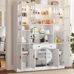 MEISSALIVVE Kitchen Pantry Storage Cabinet with LED Lights, 78.7" Tall with Glass Doors & Drawers, Freestanding Utility Cabinet, White (63" W x 15.7" D)
