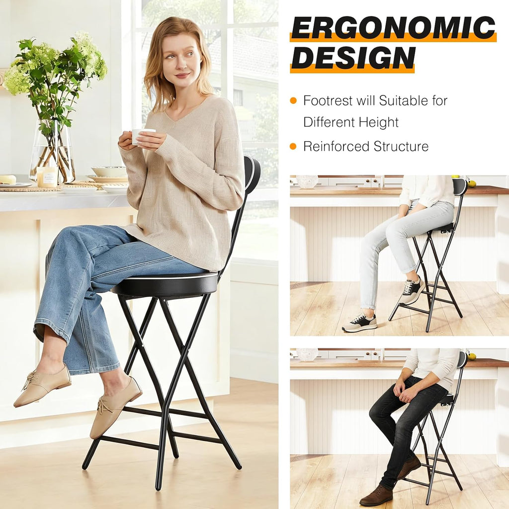 5Rcom 2 Pack Folding Stool, 24 inch Cushioned Padded Folding Bar Stool with Backrest, Foldable Stools for Adults Up to 400lbs, Collapsible Round Folding Counter Height Stool Chair for Camping Kitchen