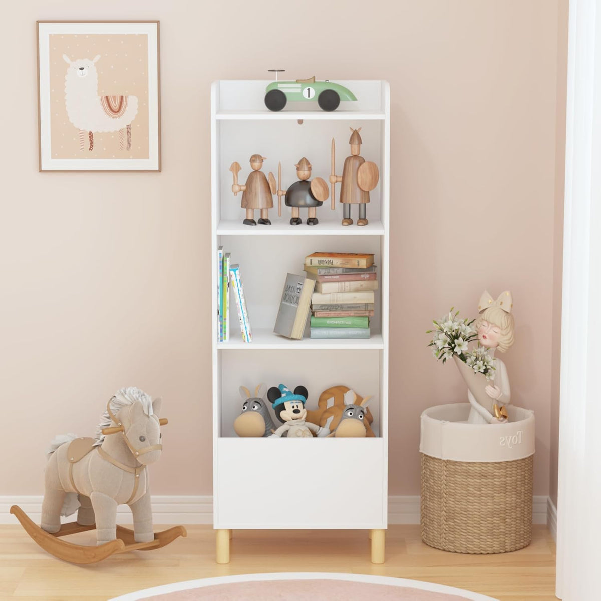Kids Furniture Set for Bedroom Toddler Table and Chair Desk Toy | Multi-purpose 4-tier bookshelf for books, toys, art accessories. High-density MDF board and pine wood legs. Easy setup w