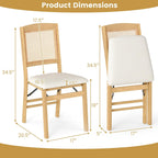 KOTEK Folding Dining Chairs Set of 2, Wooden Kitchen Chairs with Padded Seat & Rattan Backrest, Foldable Armless Side Chairs for Dining Room, Living Room (Natural & Beige)