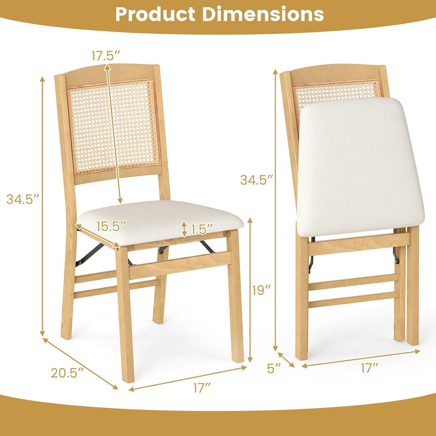 KOTEK Folding Dining Chairs Set of 2, Wooden Kitchen Chairs with Padded Seat & Rattan Backrest, Foldable Armless Side Chairs for Dining Room, Living Room (Natural & Beige)