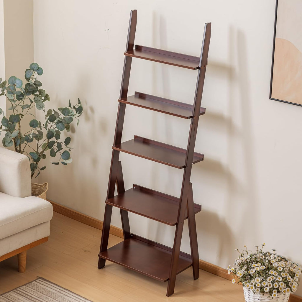 DOUSY-5-Tier Ladder Shelf Bookcase, Bamboo Ladder Bookshelf Leaning Book Shelf, Freestanding Storage Shelf Boho for Living Room, Home Office, Bedroom, Balcony, Dark Walnut