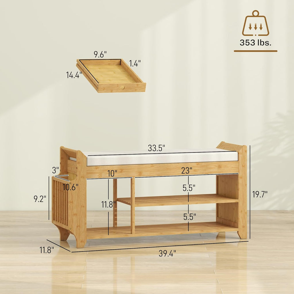 HOMCOM Shoe Bench with Cushioned Seat, 2-Tier Entryway Bench with Side Umbrella Holder, 39.4" in Natural Bamboo Shoe Rack for Hallway, Living Room, Natural and Cream
