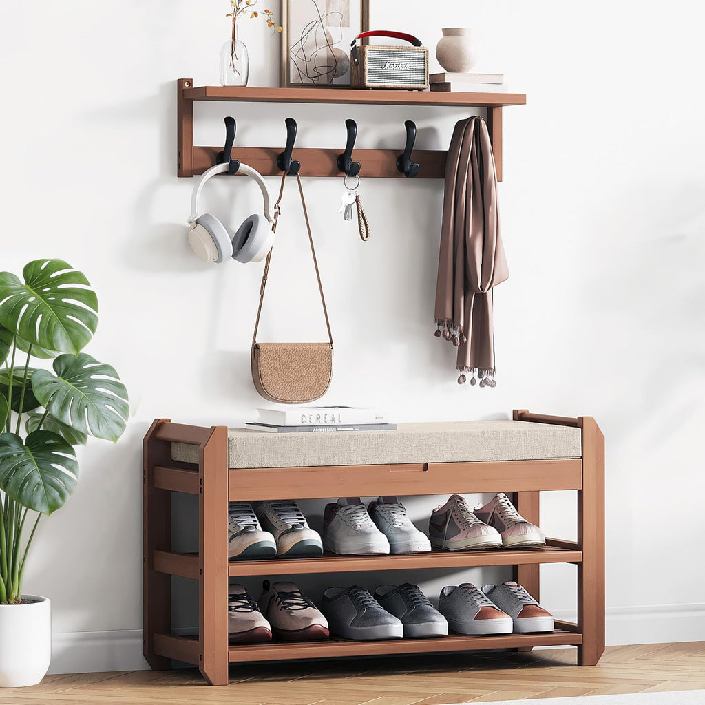 27.6" Bamboo Shoe Bench with Cushion, 5 Hooks Coat Rack, 2-Tier Storage Bench for Entryway, Heavy Duty Shoe Rack Organizer with Removable Soft Cushion for Living Room Bedroom Hallway