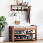 27.6" Bamboo Shoe Bench with Cushion, 5 Hooks Coat Rack, 2-Tier Storage Bench for Entryway, Heavy Duty Shoe Rack Organizer with Removable Soft Cushion for Living Room Bedroom Hallway