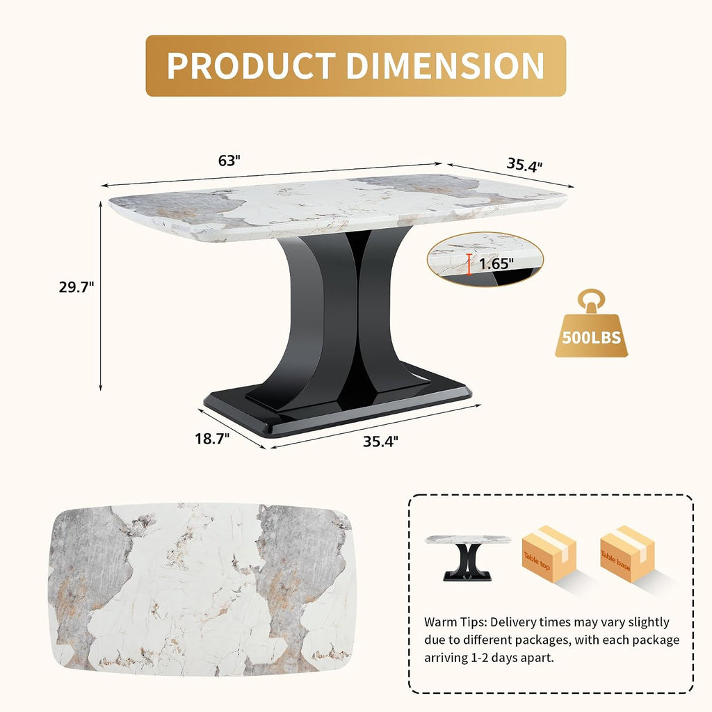 Modern Dining Table Set for 6, Marble Kitchen Table Chair Set for 6, Rectangular Kitchen Table with 6 Pu Leather Upholstered Chair for Dining Room