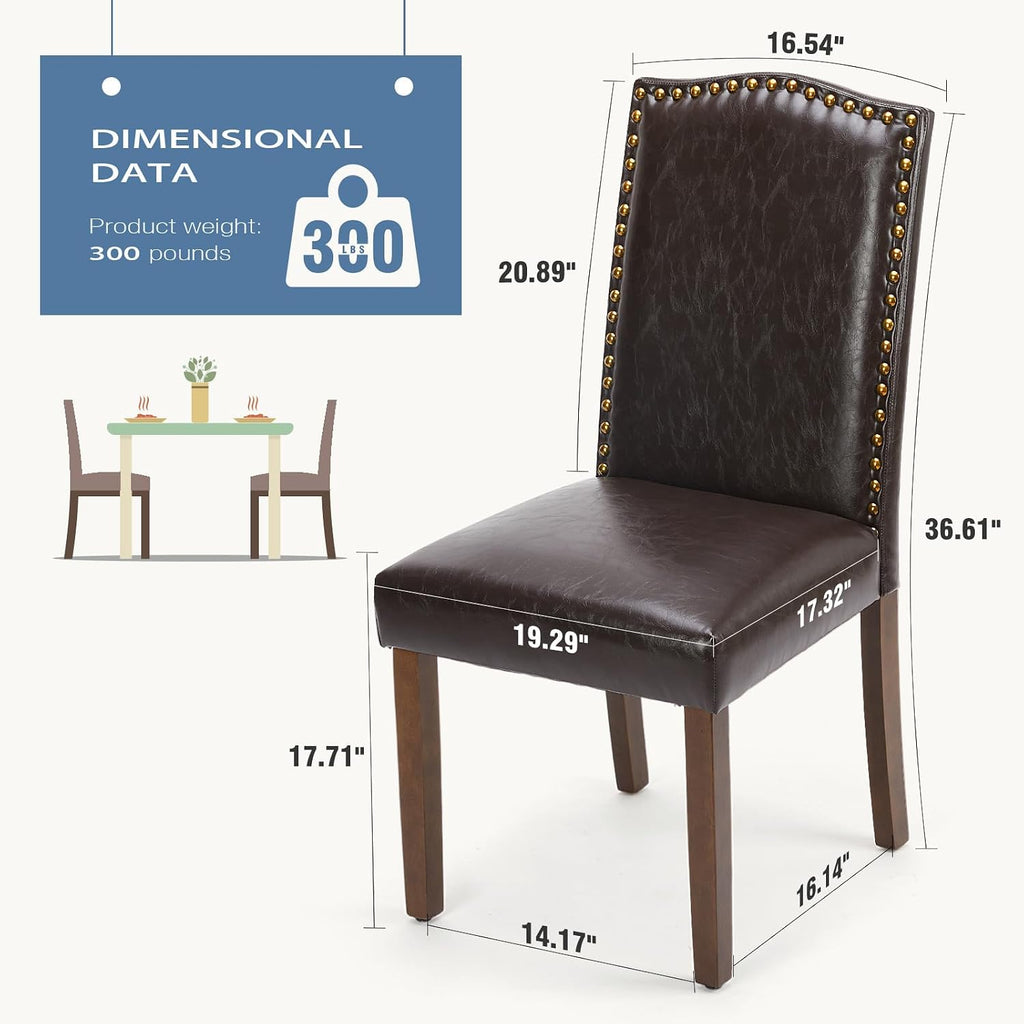 DUMOS Upholstered Dining Chairs，Set of 2 PU Leather Dining Room Kitchen Chair with Nailhead Trim and Wood Legs, Modern Side Chairs for Living Room-Brown