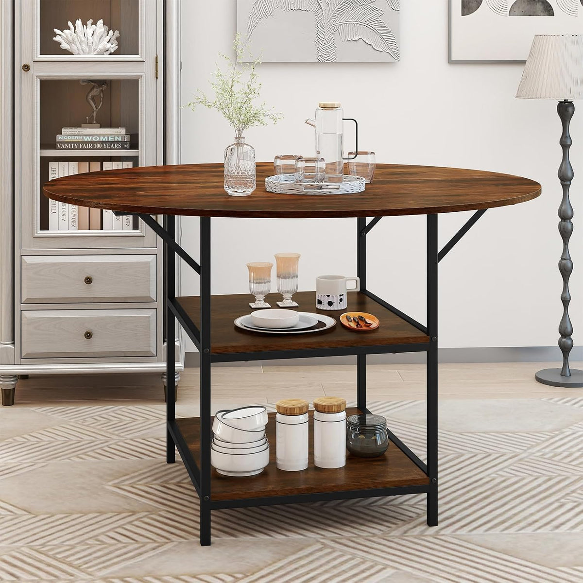 GOFLAME Round Dining Table for 4-6 People, 47” Kitchen Table with 2-Tier Storage Shelves and Heavy-Duty Metal Frame, Industrial Dinner Table for Kitchen, Dining Room, Apartment, Rustic Brown