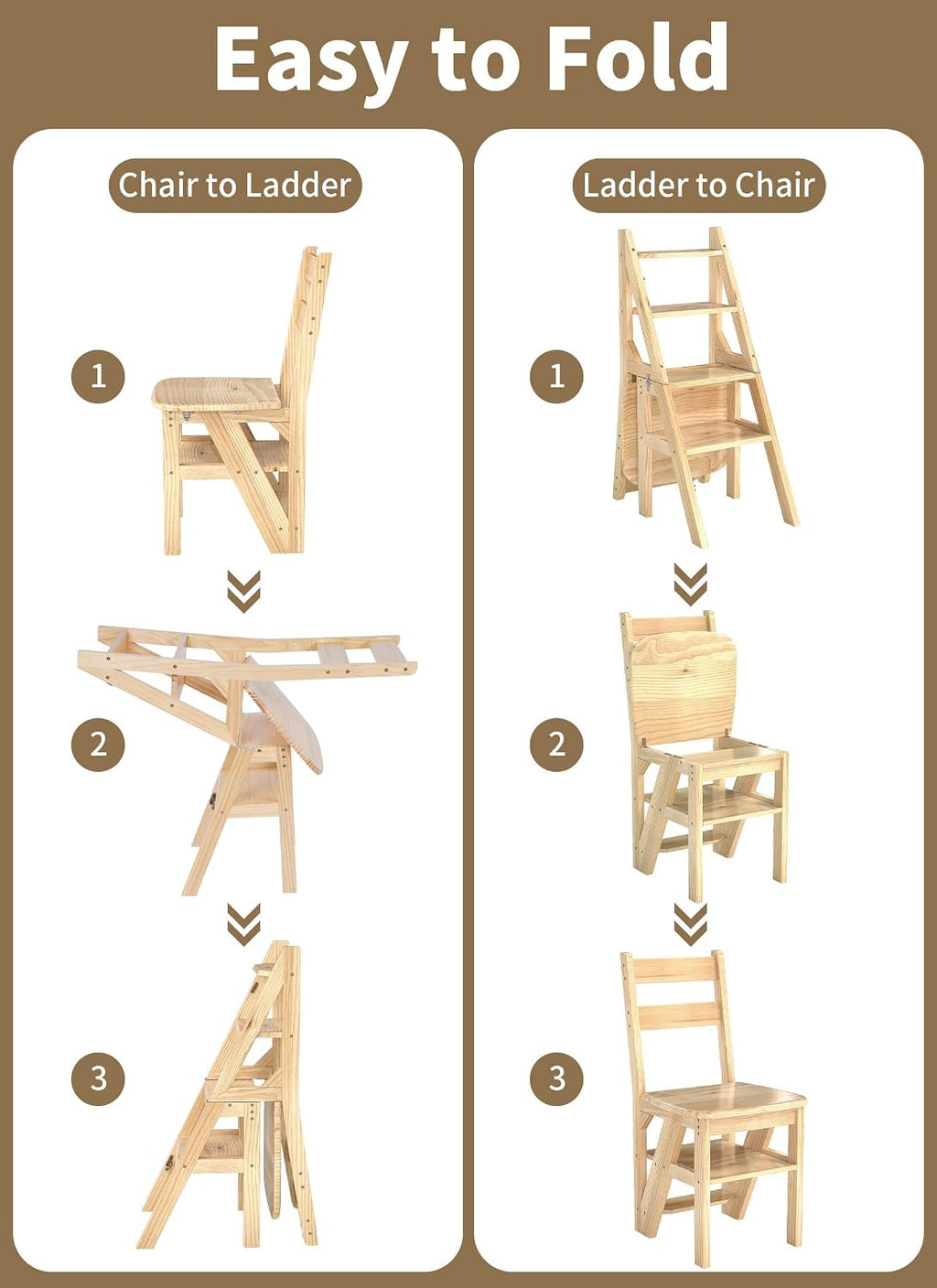 Baoz 3-in-1 Wooden Library Ladder, 4 Tier Folding Ladder, Convertible Step Stool & Display Rack with Lock Buckle Fixation, 300lbs Capacity Step Stool for Kitchen, Library, Office