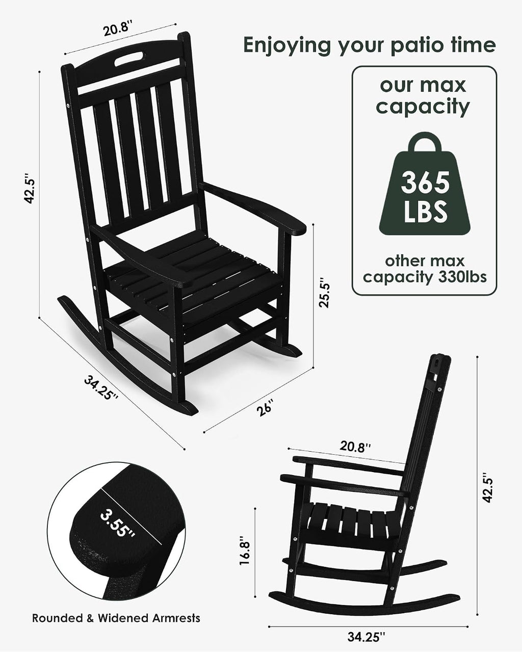 Outdoor Rocking Chair, All-Weather Resistant Poly Lumber Rocker Chair Outdoor, High Back Plastic Patio Rocking Chairs for Outside Porch Rocker Garden Lawn, Black