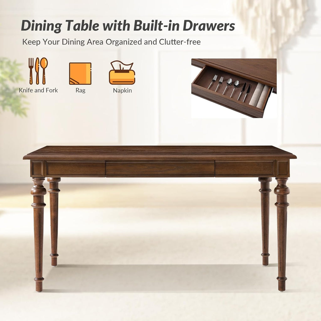 HULALA HOME 60" Farmhouse Solid Wood Dining Room Table for 6 with Drawers, Traditional Kitchen Wooden Table with Spindle Legs, Walnut