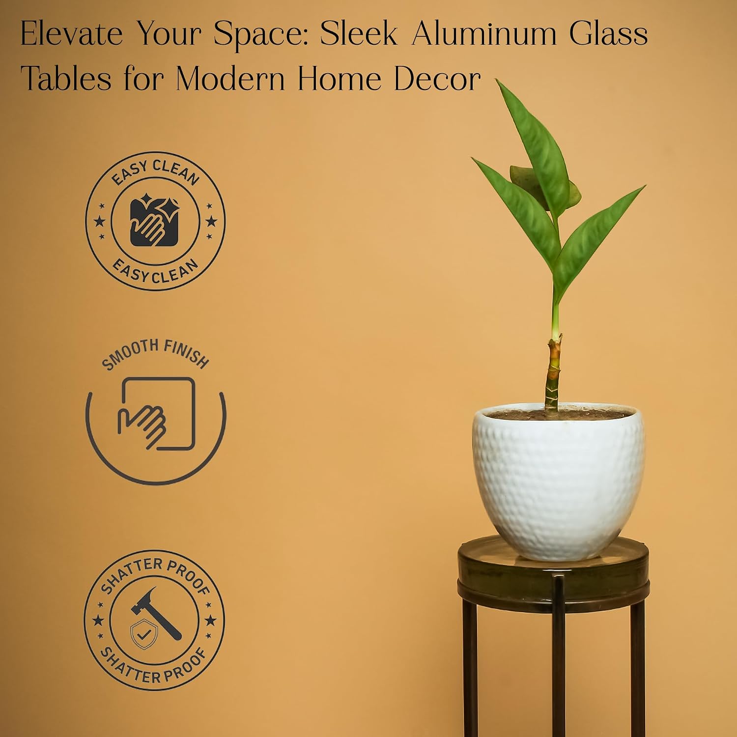 Modern Brass Drink Table, 9 x 9 x 23, with Clear Glass, Detailed Glass Accent Table for Small Spaces, Round Plant Stand for Stylish Home Decor,Christmas, New Year, Thanksgiving