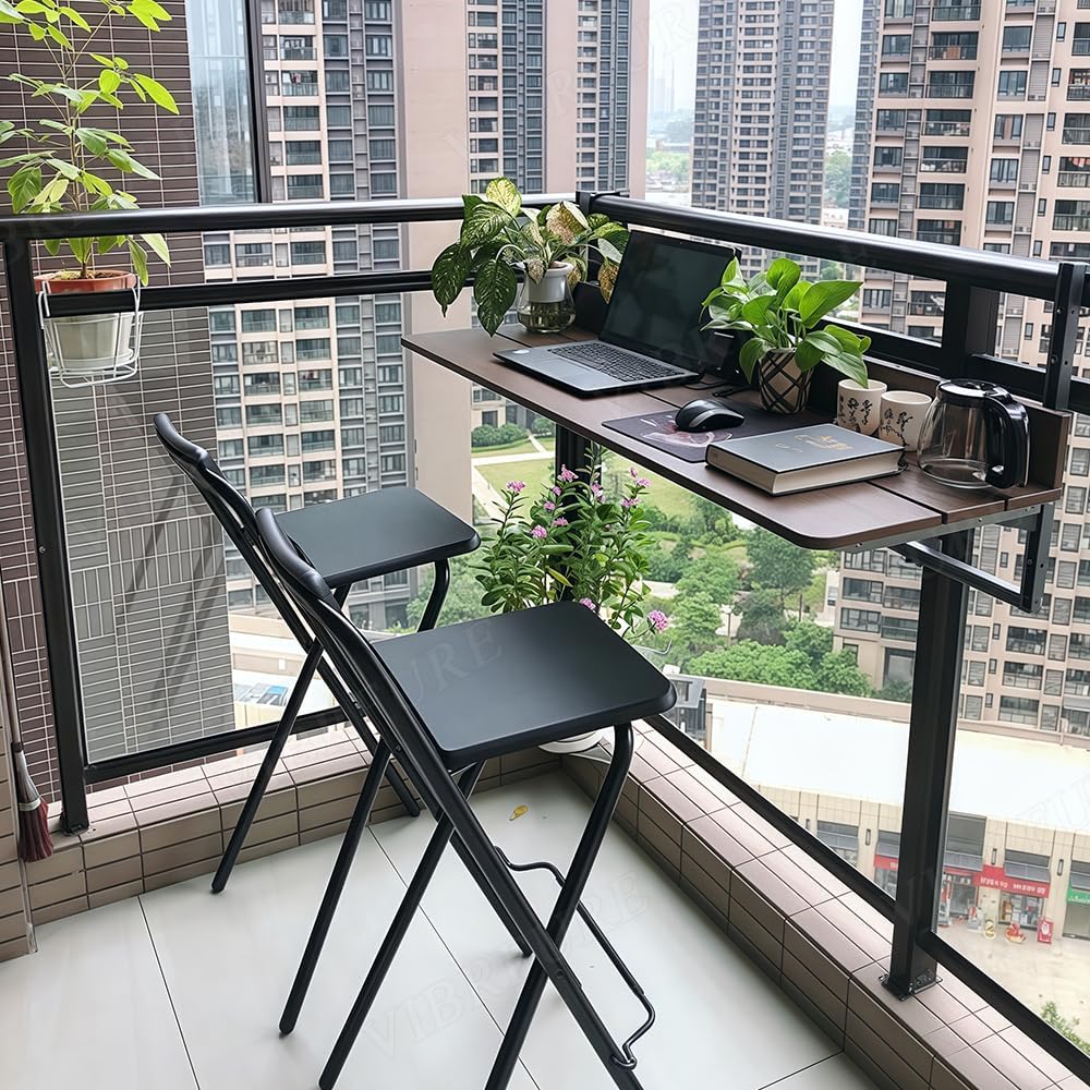 Balcony Railing Table, Folding Deck Table, Adjustable Height Hanging Desk, Easy to Disassemble (Brown, 47" L x 15" W, Wooden)