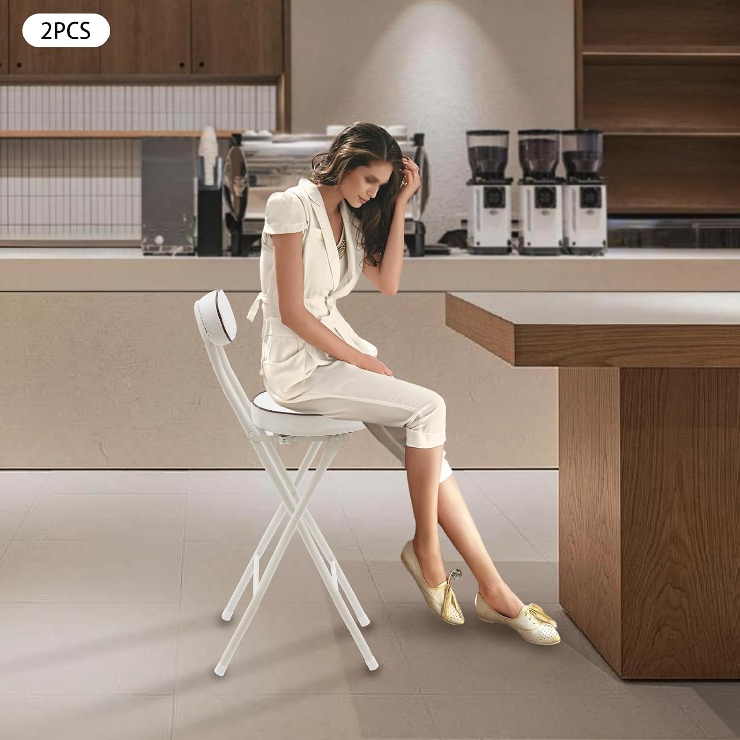 Set of 2-Folding Bar Stool Chair with Back, White Tall Foldable Chair Leather Padded Counter Height Collapsible Stool for Adults Kitchen Island Guitar Shop Cafe