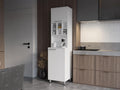 White Kitchen Pantry with Pneumatic Door and Open Storage | Pneumatic door for smooth opening and concealed storage space