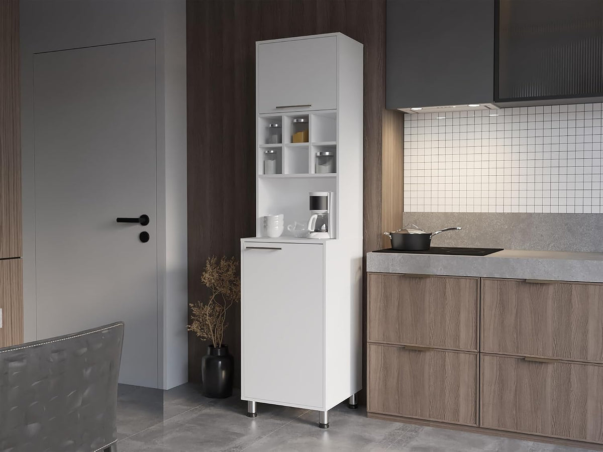 White Kitchen Pantry with Pneumatic Door and Open Storage | Pneumatic door for smooth opening and concealed storage space