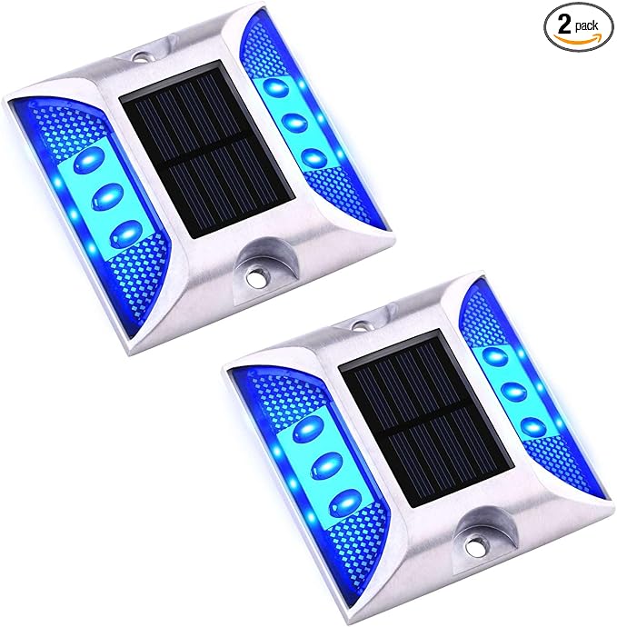 Aolyty Solar Dock Lights, IP68 Waterproof Outdoor Warning Step Lights Reflective Road Marker for Sidewalk Stair Garden Pathway Walkway (2 Pack, Blue)