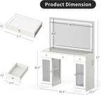 Glass Top Vanity Desk with Mirror and Lights, Crystal Knobs Makeup Vanity with 3 Drawers and Charging Station, Adjustable Lighting Color Dressing Table, Silent Slides, White