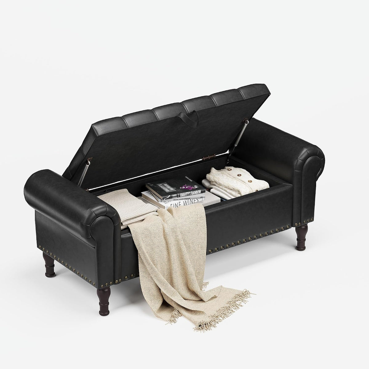 YOUDENOVA 51” Ottoman with Storage, Upholstered Storage Ottoman Bench with Rolled Arms, PU Leather Storage Bench for Bedroom, Living Room, Entryway, Black