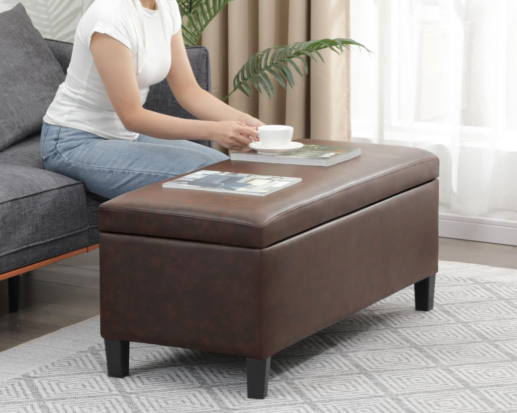 Adeco 42" Storage Leather Bench for Living Room – Black & Red Two-Tone End of Bed Storage Bench, Multi-Functional Top-Lift Coffee Table Ottoman with Storage for Bedroom or Entryway