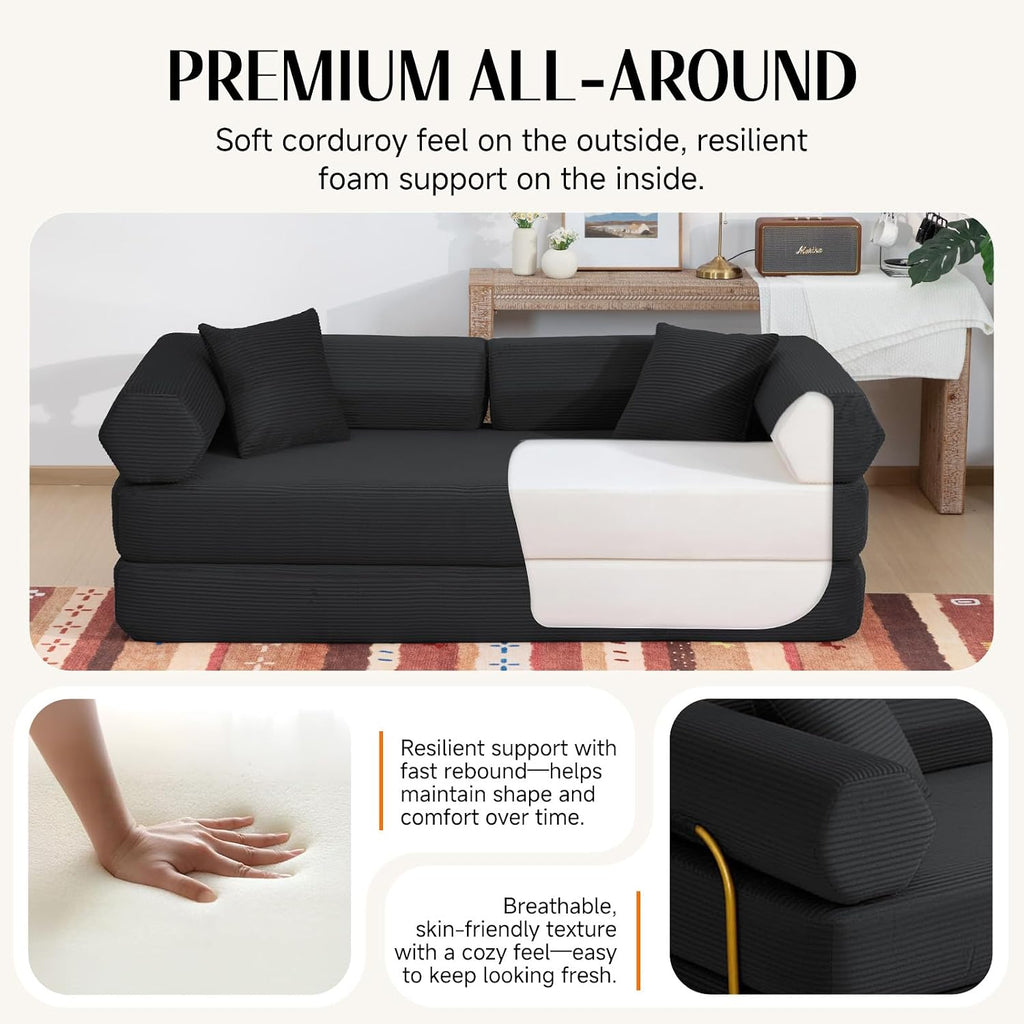 79" Corduroy Sofa Bed, Couch in a Box with 2 Pillows, High-Density Foam 4-in-1 Foldable Sleeper Futon Loveseat for Small Spaces, No Assembly, Side Pockets, Hex Arm Black
