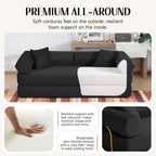 79" Corduroy Sofa Bed, Couch in a Box with 2 Pillows, High-Density Foam 4-in-1 Foldable Sleeper Futon Loveseat for Small Spaces, No Assembly, Side Pockets, Hex Arm Black