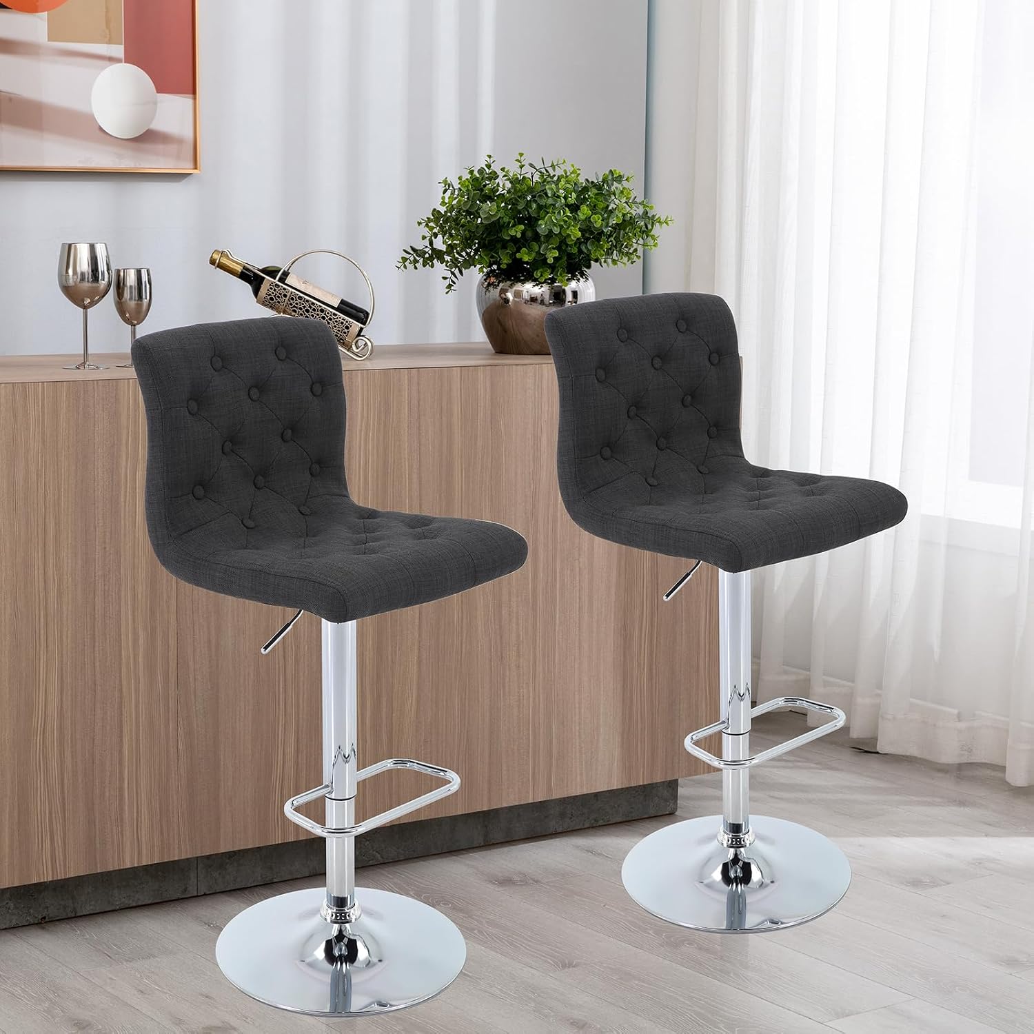 Brage Living Tufted Fabric Bar Stools Set of 2 with Back, Charcoal Black | Seat Height Adjusts 24.75"-33", Swivel Counter Height Barstools, Upholstered Airlift Bar Chairs for Kitchen Dining Cafe